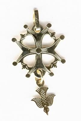 Croix Huguenote avec colombe plaqué or 17mm