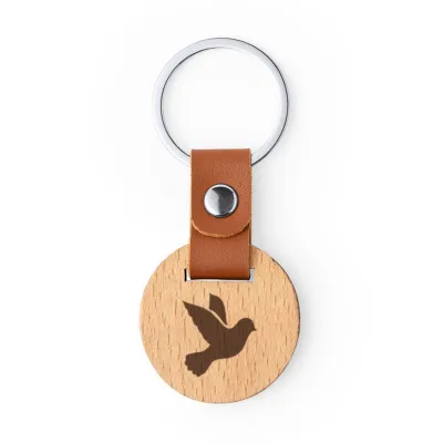Porte-clé rond en bois et simili cuir Colombe