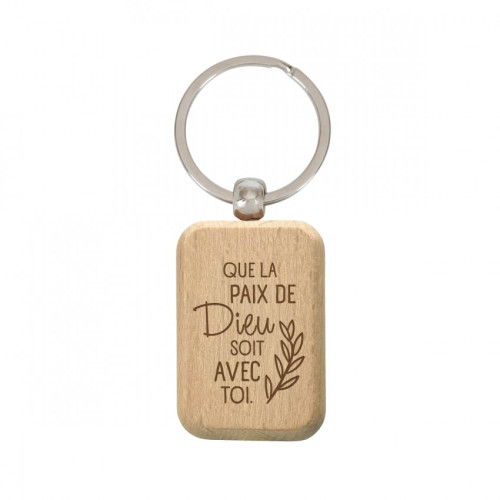 Porte-clés en bois gravé "Que la paix de Dieu soit avec toi" - 3x4.5cm
