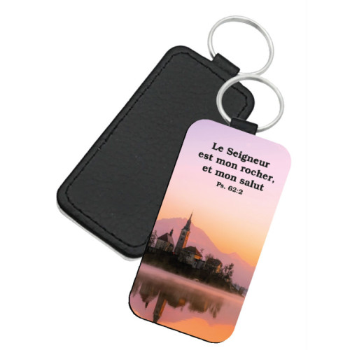 Porte-clés similicuir rectangulaire - "Le Seigneur est mon rocher et mon salut." Psaume 62.2