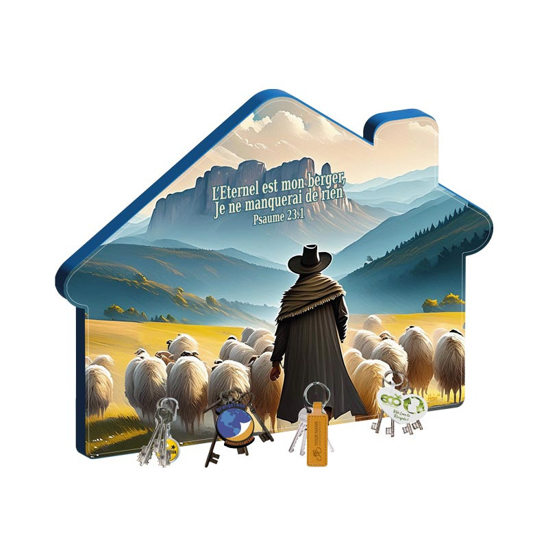 Cadre bois accroche-clés Berger et troupeau - « L'Eternel est mon berger […] » Psaume 23.1