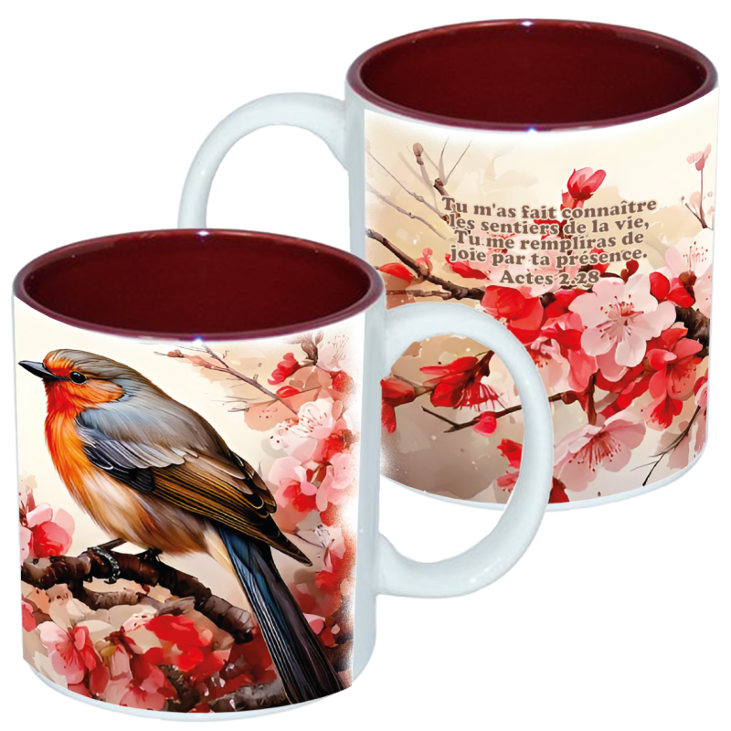 Mug bicolore blanc/marron, «Tu m'as fait connaître […] » - Actes 2.28. Oiseau sur cerisier fleuri