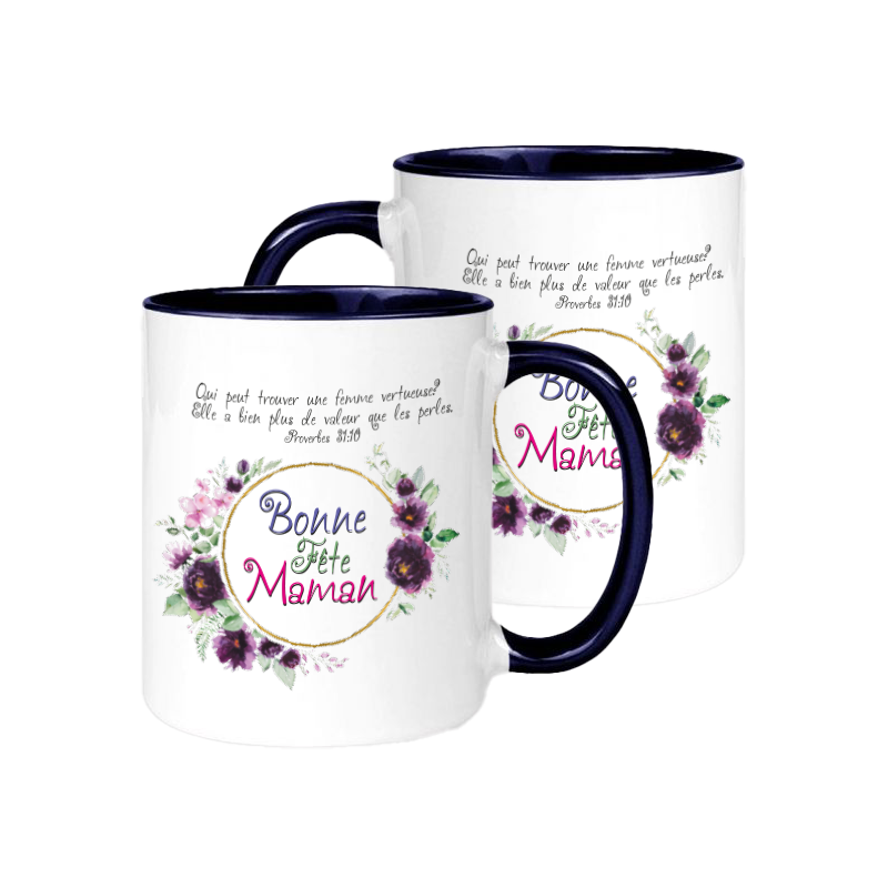 Mug bicolore blanc/bleu marine, Bonne fête Maman - "Qui peut trouver une femme vertueuse? Elle a...