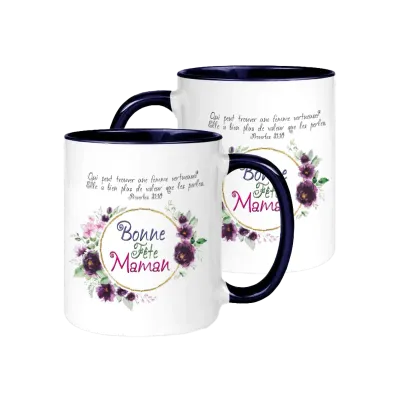 Mug bicolore blanc/bleu marine, Bonne fête Maman - "Qui peut trouver une femme vertueuse? Elle a...