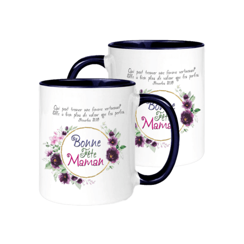 Mug bicolore blanc/bleu marine, Bonne fête Maman - "Qui peut trouver une femme vertueuse? Elle a...