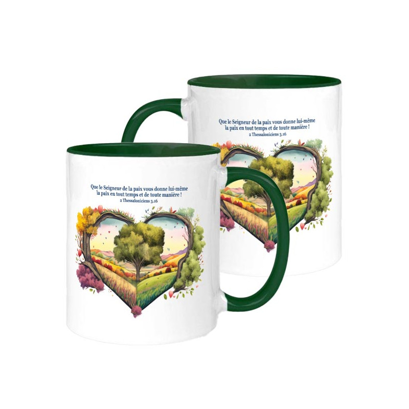 Mug bicolore vert/blanc, nature en forme de cœur - "Que le Seigneur de la paix vous donne...