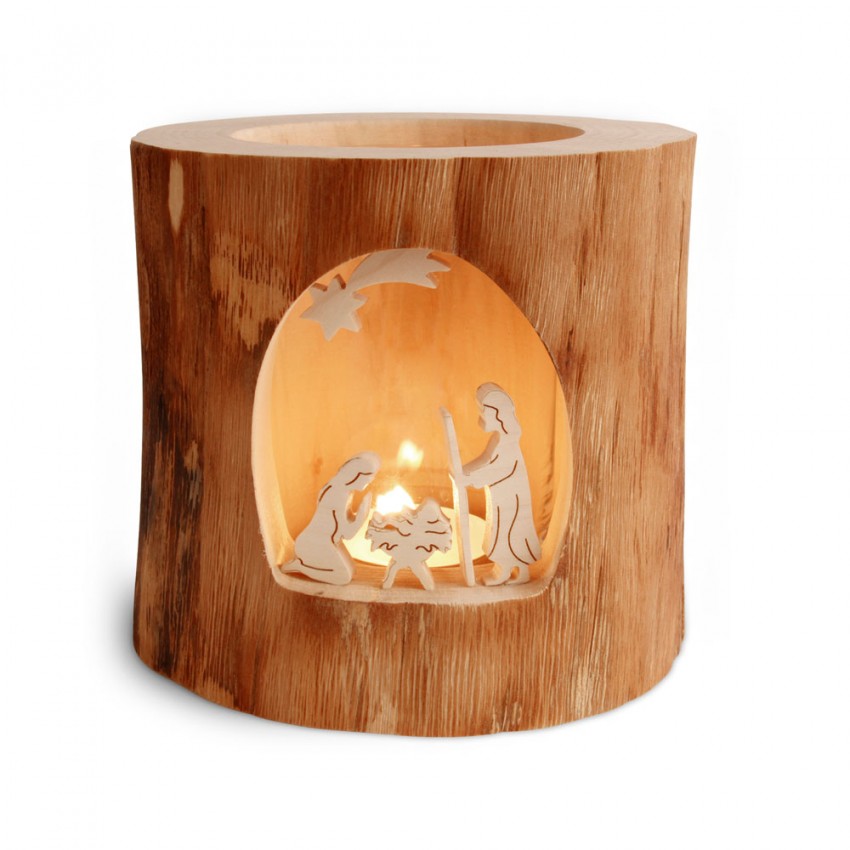 Photophore en bois sans écorce, motif d'érable : Crèche