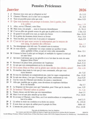 Pensées précieuses - calendrier 1 verset par jour, une page par mois