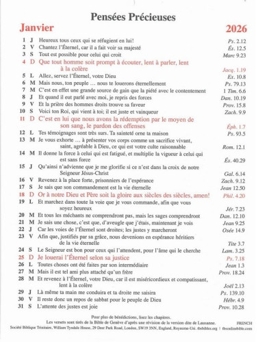 Pensées précieuses - calendrier 1 verset par jour, une page par mois