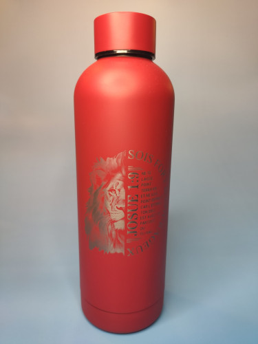 Bouteille isotherme Lion, rouge, bouchon à vis - "Sois fort et courageaux ne te laisse point...