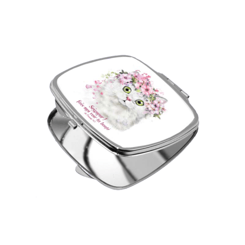 Miroir de poche carré métal, chat - "Seigneur! Fais-moi voir ta bonté." Psaume 85.7