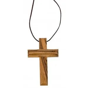 Collier fil 80 cm avec croix en bois d'olivier - 5 x 3 cm