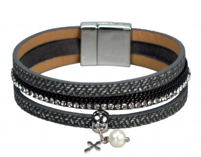 Bracelet anneaux mutliples, croix pendentif, simili-cuir, argenté