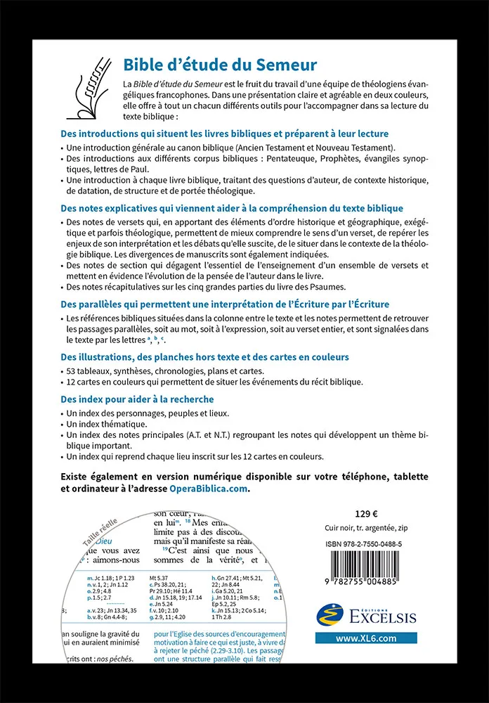 Bible d'étude Semeur 2015 - couverture noire, cuir véritable, tranche argentée, avec fermeture à...