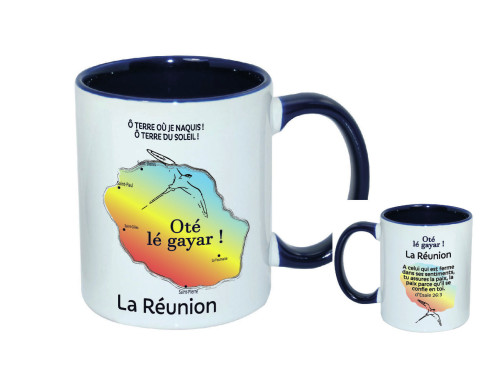 Mug bicolore blanc/bleu marine, La Réunion + verset Esaie 26.3