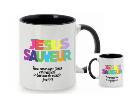 Mug bicolore blanc/bleu marine, "Jésus Sauveur" + verset Jean 4.42