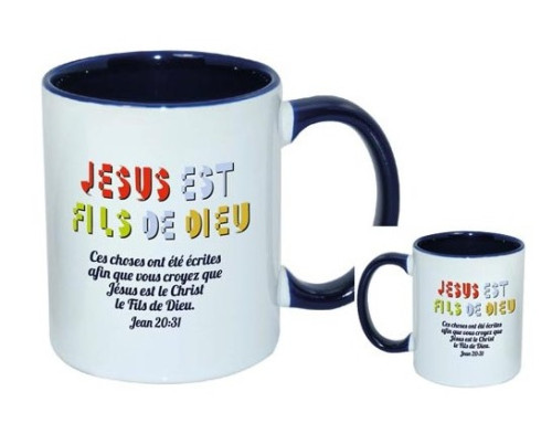 Mug bicolore blanc/bleu marine, Jésus est fils de Dieu « Ces choses ont été écrites […] » - Jean...