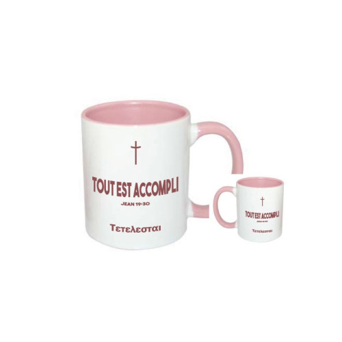 Mug bicolore blanc/rose, "Tout est accompli" Jean 19.30