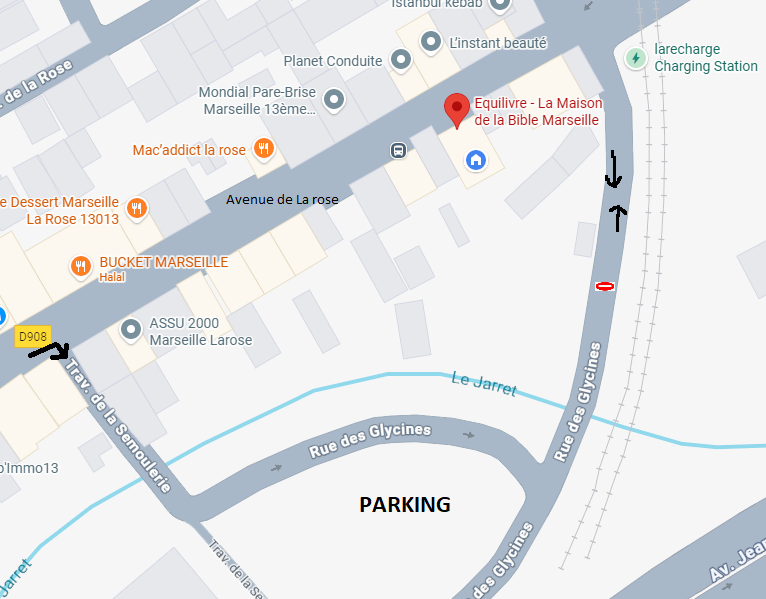   ATTENTION !  Le sens d'accès au parking près du magasin a changé : l'avenue des glycines est en sens interdit. 
 Pour accéder au parking il faut, après le n° 156 de l'avenue de la rose, emprunter la traverse de la semoulerie, qui donne sur le parking.  
 Puis suivre à pied la rue des Glycines jusqu'à l'avenue de la Rose, La librairie est à 50 mètres à gauche. 