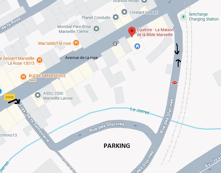   ATTENTION !  Le sens d'accès au parking près du magasin a changé : l'avenue des glycines est en sens interdit. 
 Pour accéder au parking il faut, après le n° 156 de l'avenue de la rose, emprunter la traverse de la semoulerie, qui donne sur le parking.  
 Puis suivre à pied la rue des Glycines jusqu'à l'avenue de la Rose, La librairie est à 50 mètres à gauche. 
